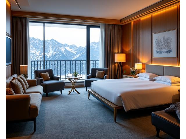 Die luxuriöse Alpenblick Suite mit separatem Wohnbereich, stilvoller Inneneinrichtung und Blick auf die Alpen.