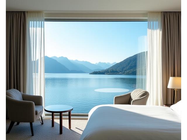 Geräumiges Deluxe Zimmer mit großem Fenster, das einen atemberaubenden Blick auf den Zürichsee bietet.