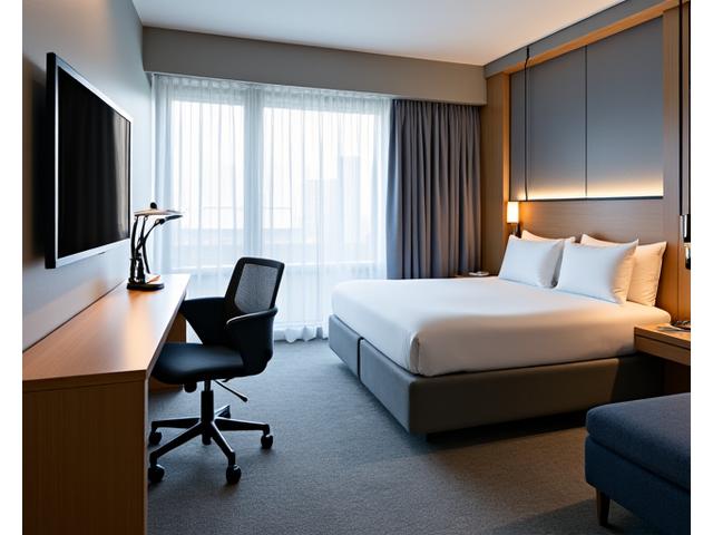 Modernes Executive Zimmer, eingerichtet für Geschäftsreisende mit einem großen Schreibtisch und ergonomischem Stuhl.