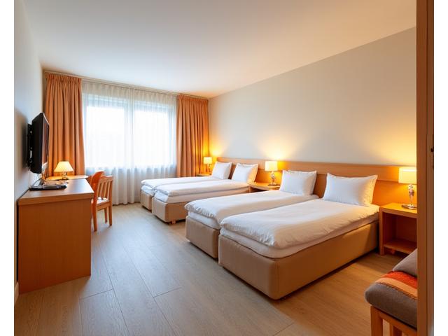 Geräumiges Familienzimmer mit mehreren Betten, hellen Farben und kinderfreundlichen Details, ideal für Familienreisen.